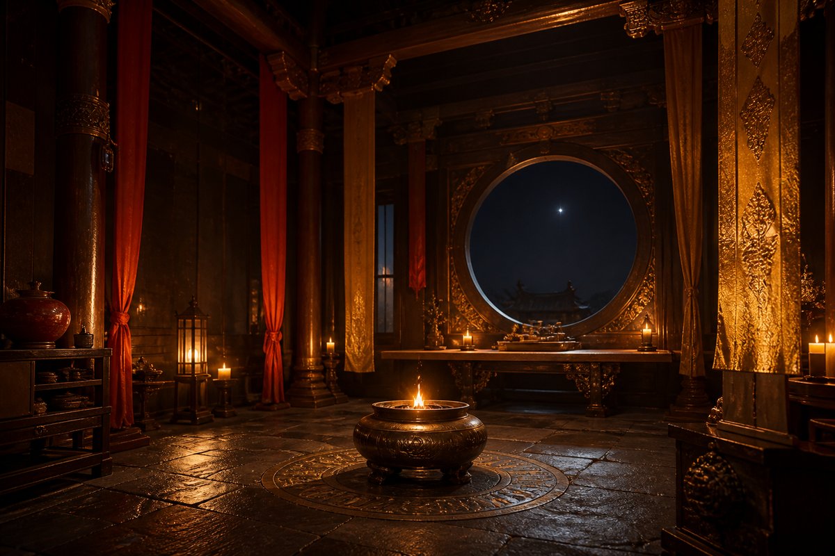 Concept art: a warmly lit cultivation chamber with a bronze brazier.