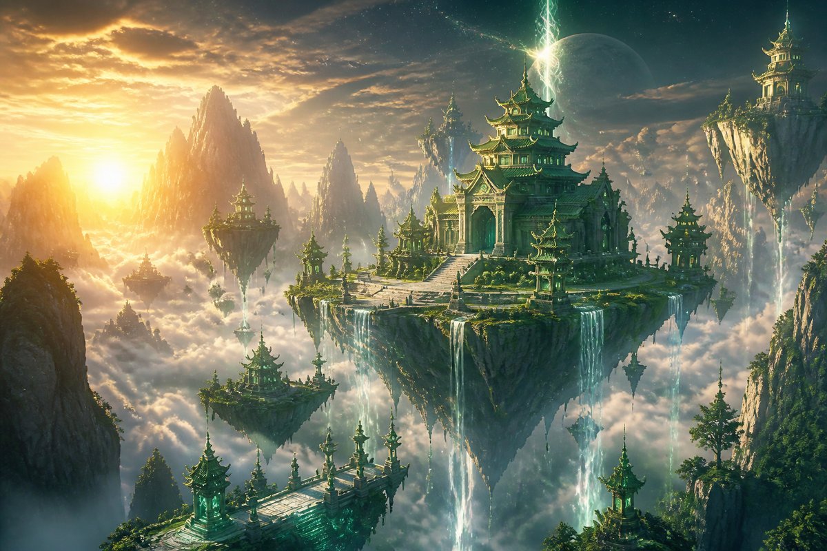 Concept art: floating jade islands with pagodas in golden morning light.