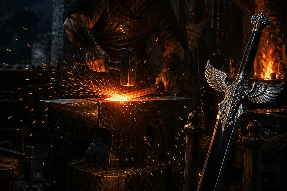 A smith hammers glowing metal amid sparks; beside him rests a black blade with an ornate silver wing-shaped crossguard.