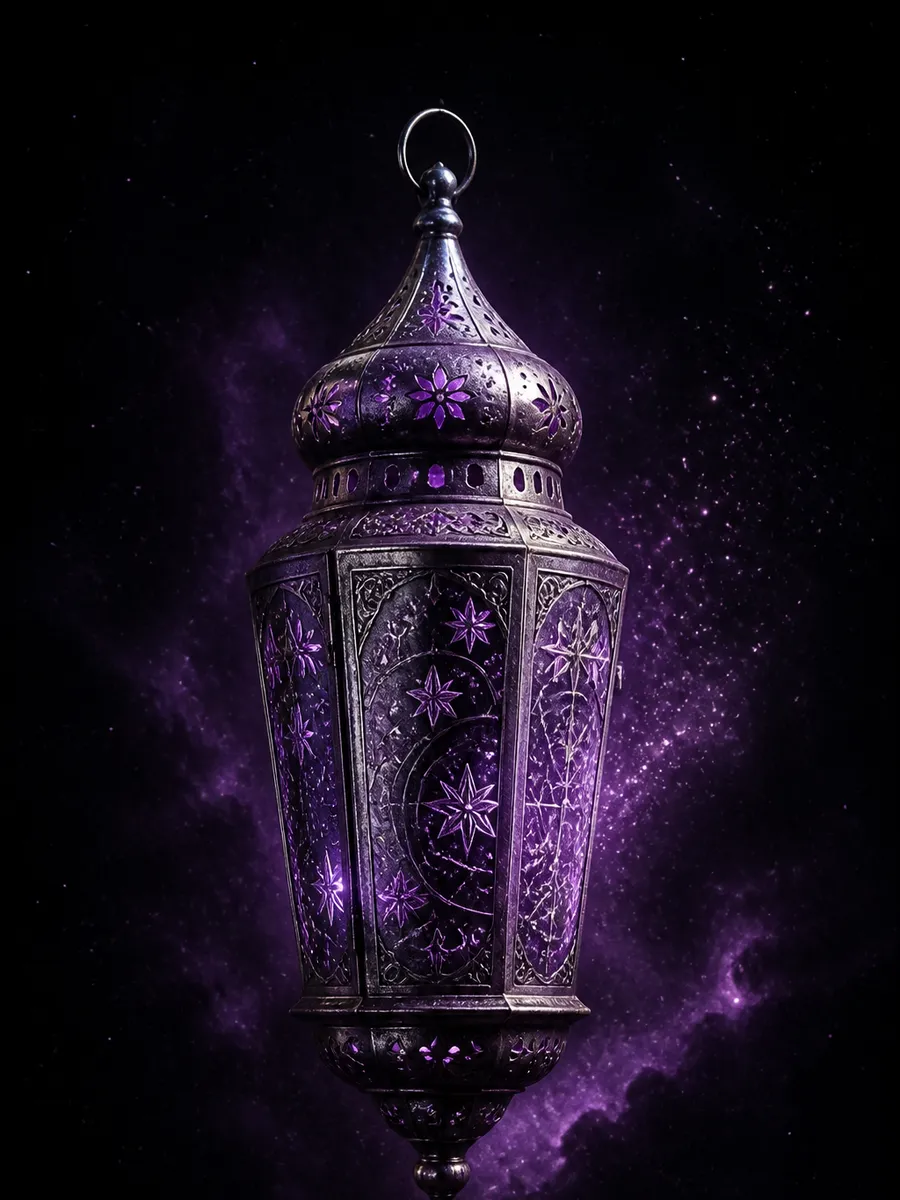 An antique silver lantern engraved with cosmic patterns, glowing with violet light.