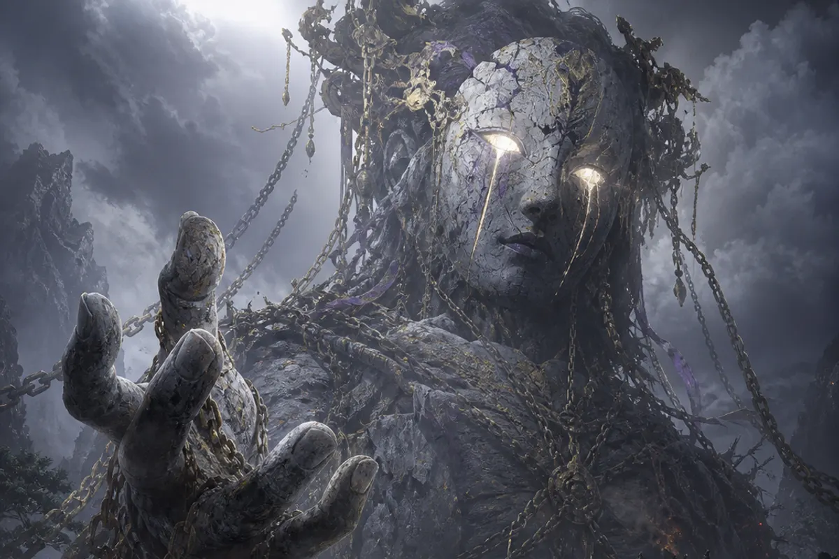 The Ashen Tyrant, a towering mask-entity of ash and chains, looms before a temple gate; a lone cultivator faces it.