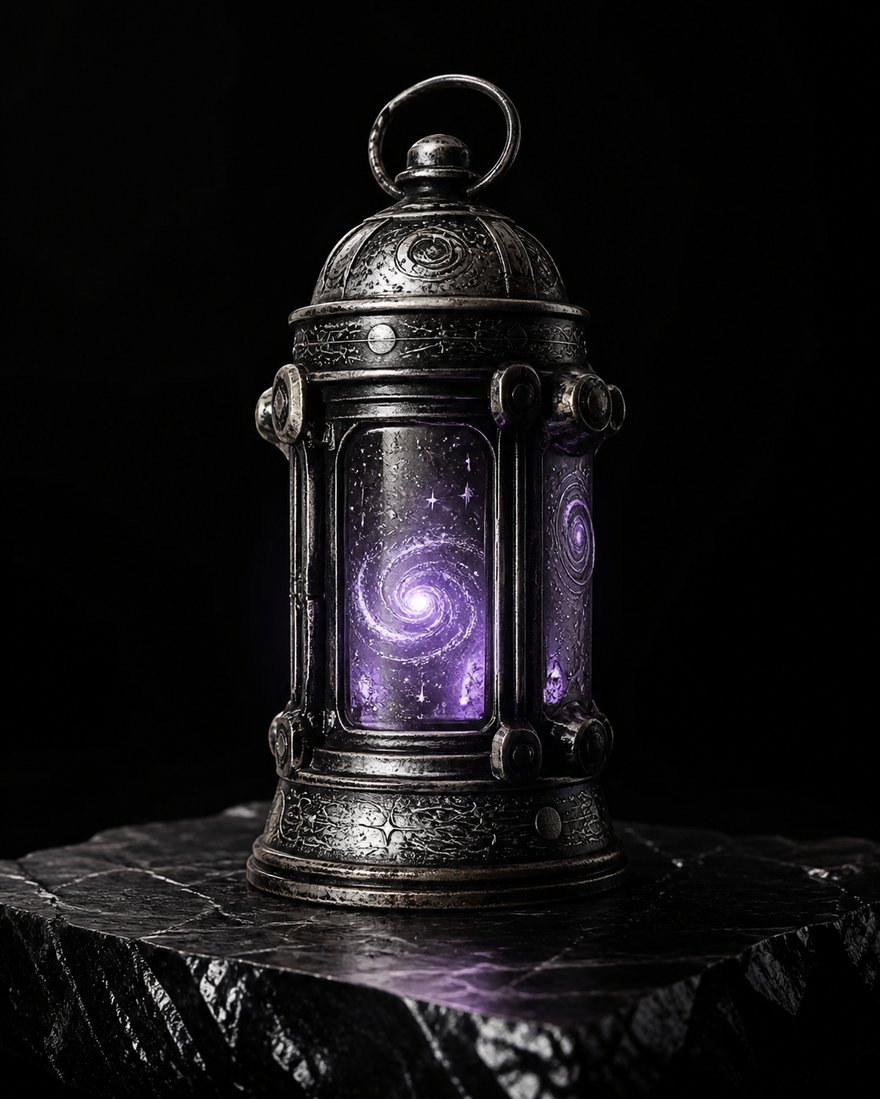 An antique silver lantern engraved with cosmic patterns, glowing with violet light.