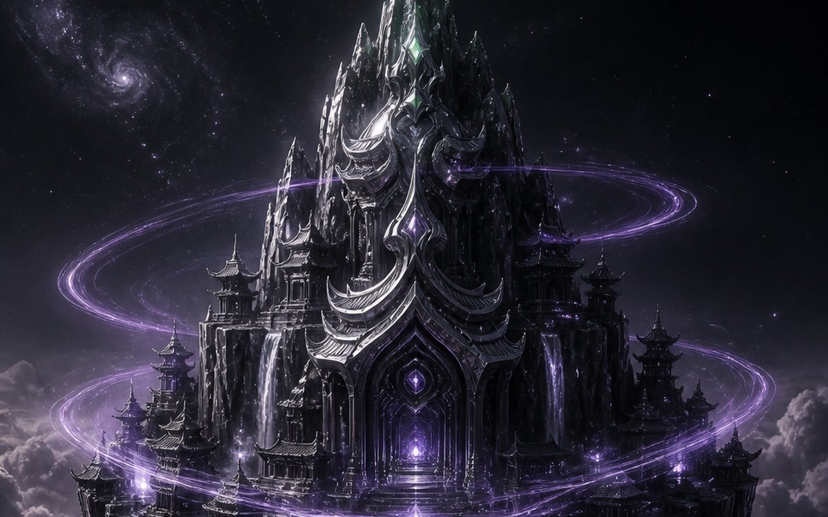 Concept art: a temple of black jade floats above a sea of night clouds, crowned by a jade-green star.
